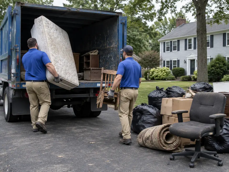 Two workers loading a mattress and an old chair into a dump truck, with bags, boxes, a rug, and an office chair on the driveway